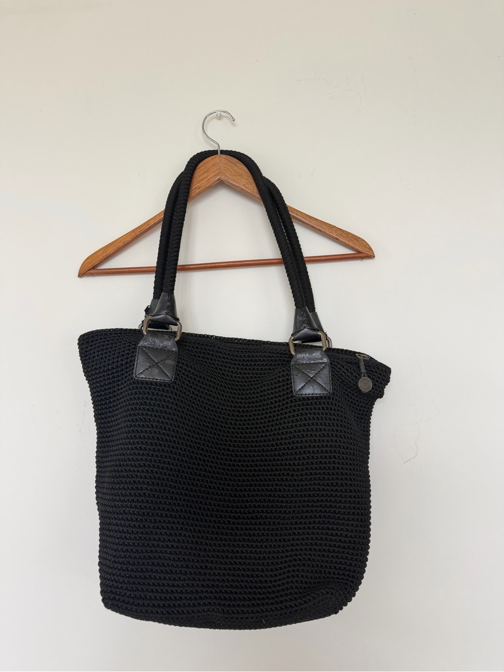 The Sak - Medium Black Knit Shoulder Tote Bag with Leather Trim